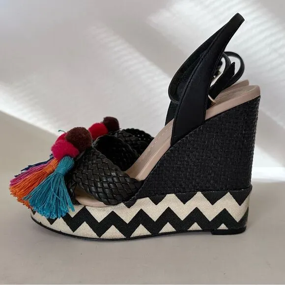 Kate Spade Delancey Pom Pom Tassle Wedges with Zig Zag Chevron Canvas 6.5
