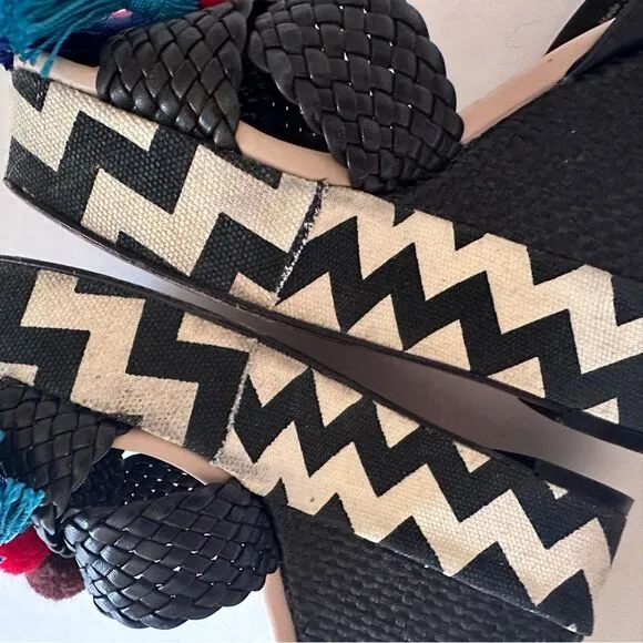Kate Spade Delancey Pom Pom Tassle Wedges with Zig Zag Chevron Canvas 6.5