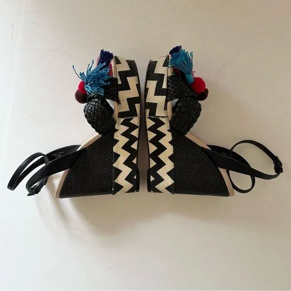 Kate Spade Delancey Pom Pom Tassle Wedges with Zig Zag Chevron Canvas 6.5