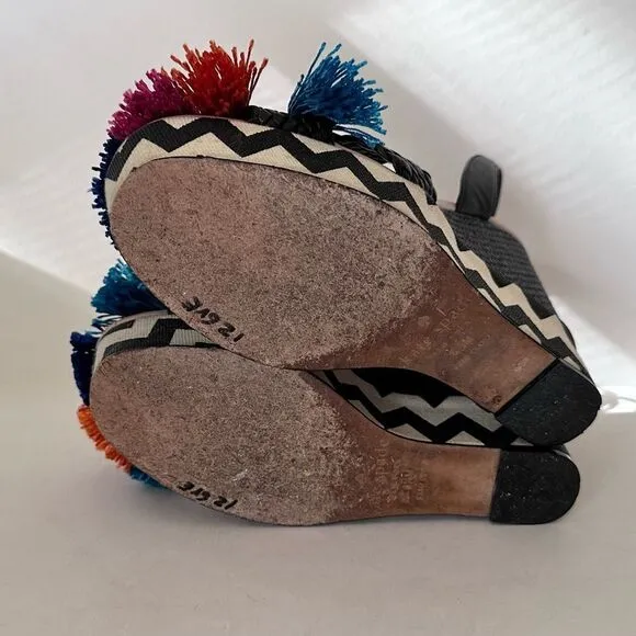 Kate Spade Delancey Pom Pom Tassle Wedges with Zig Zag Chevron Canvas 6.5