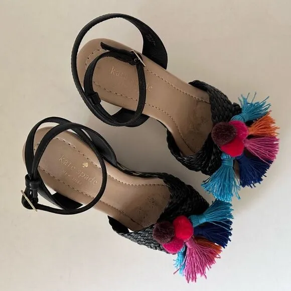 Kate Spade Delancey Pom Pom Tassle Wedges with Zig Zag Chevron Canvas 6.5