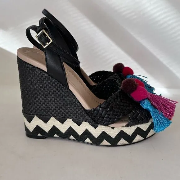 Kate Spade Delancey Pom Pom Tassle Wedges with Zig Zag Chevron Canvas 6.5