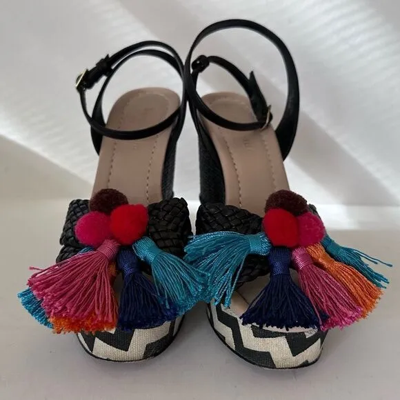 Kate Spade Delancey Pom Pom Tassle Wedges with Zig Zag Chevron Canvas 6.5