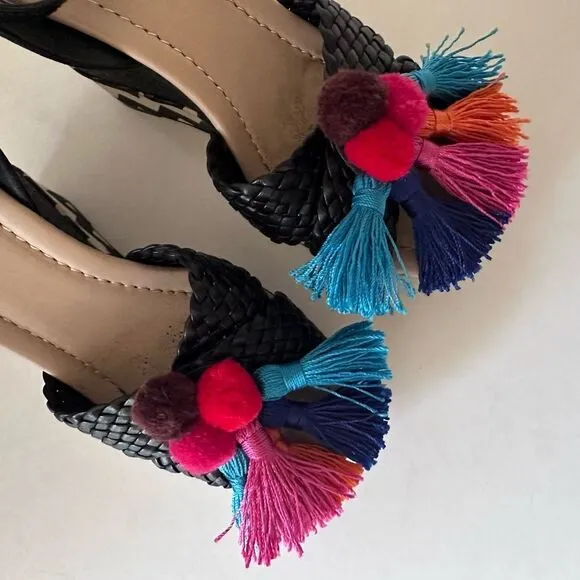 Kate Spade Delancey Pom Pom Tassle Wedges with Zig Zag Chevron Canvas 6.5