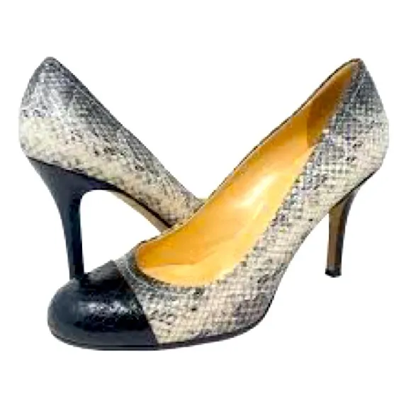 Kate Spade Karolina Heels Pumps Shoes Two Tobe Snakeskin Patent Black White 9.5