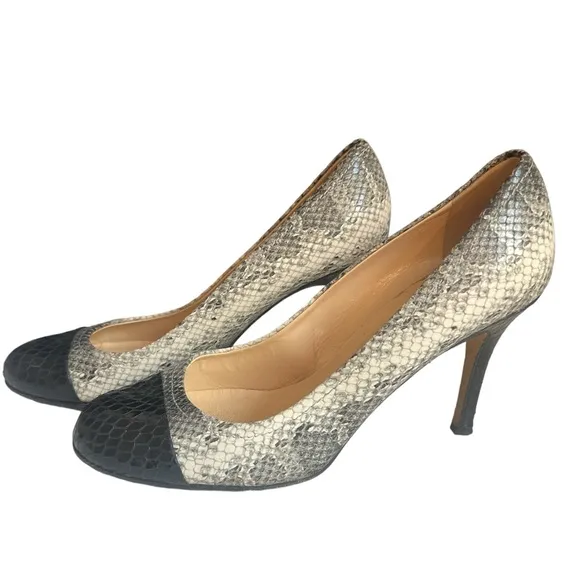 Kate Spade Karolina Heels Pumps Shoes Two Tobe Snakeskin Patent Black White 9.5