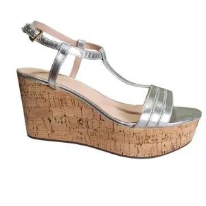 Kate Spade Metallic Silver Cork Wedge Sandals – Size 8M