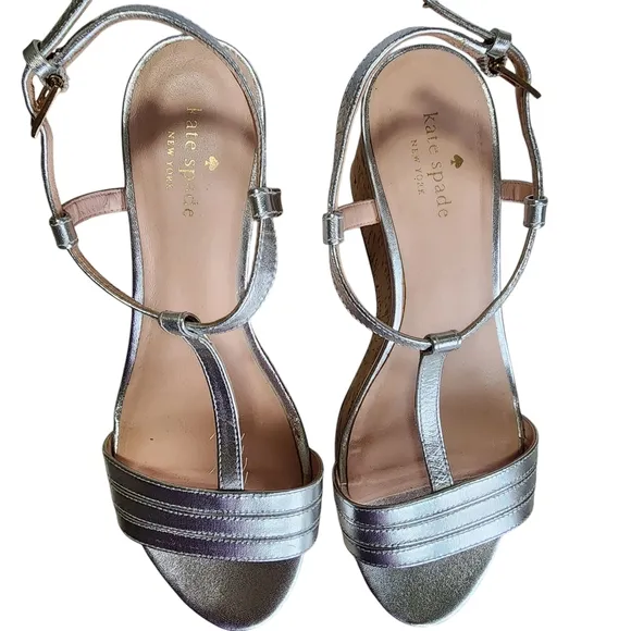 Kate Spade Metallic Silver Cork Wedge Sandals – Size 8M