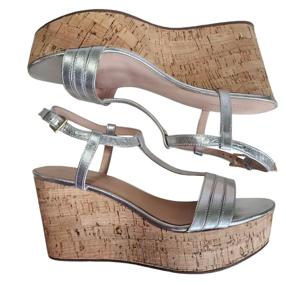 Kate Spade Metallic Silver Cork Wedge Sandals – Size 8M