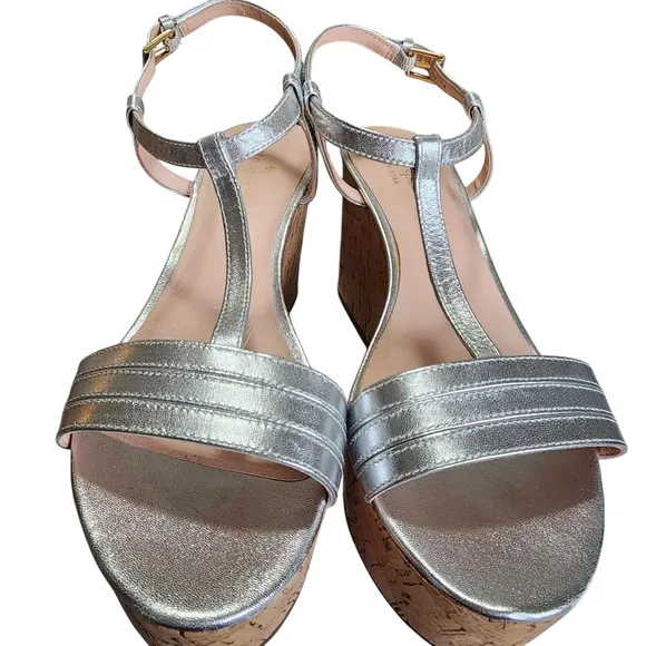 Kate Spade Metallic Silver Cork Wedge Sandals – Size 8M