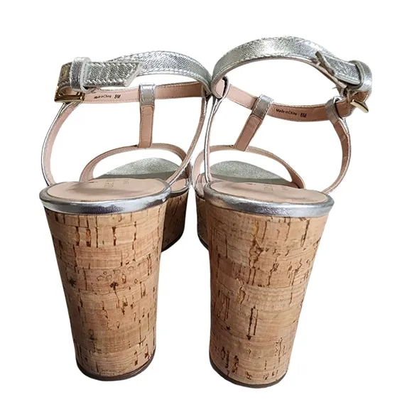 Kate Spade Metallic Silver Cork Wedge Sandals – Size 8M