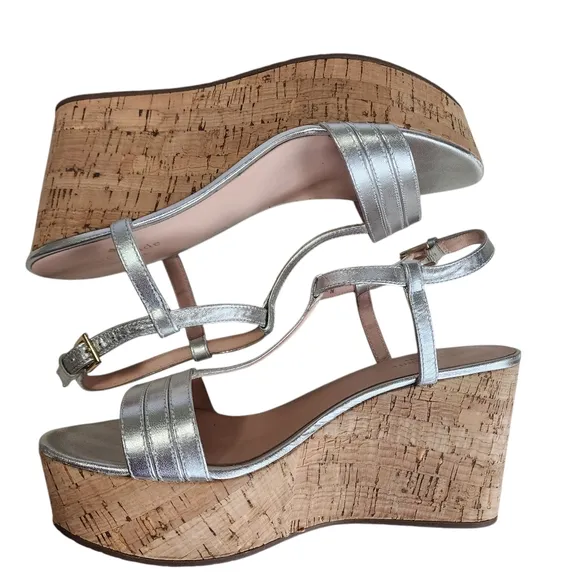 Kate Spade Metallic Silver Cork Wedge Sandals – Size 8M