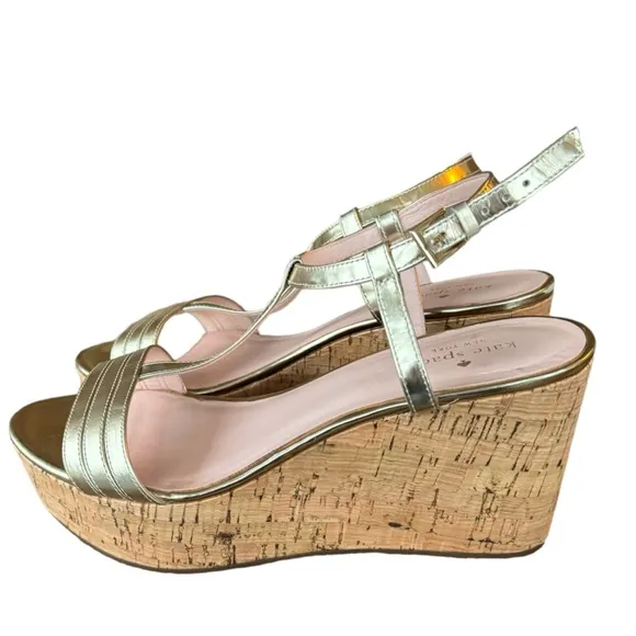 Kate Spade New York Tallinn Metallic Gold Cork Womens Buckle Strap Wedges Sz 10