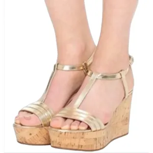 Kate Spade New York Tallinn Metallic Gold Cork Womens Buckle Strap Wedges Sz 10