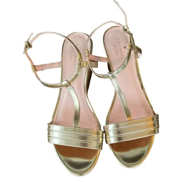 Kate Spade New York Tallinn Metallic Gold Cork Womens Buckle Strap Wedges Sz 10