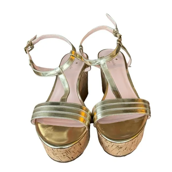 Kate Spade New York Tallinn Metallic Gold Cork Womens Buckle Strap Wedges Sz 10