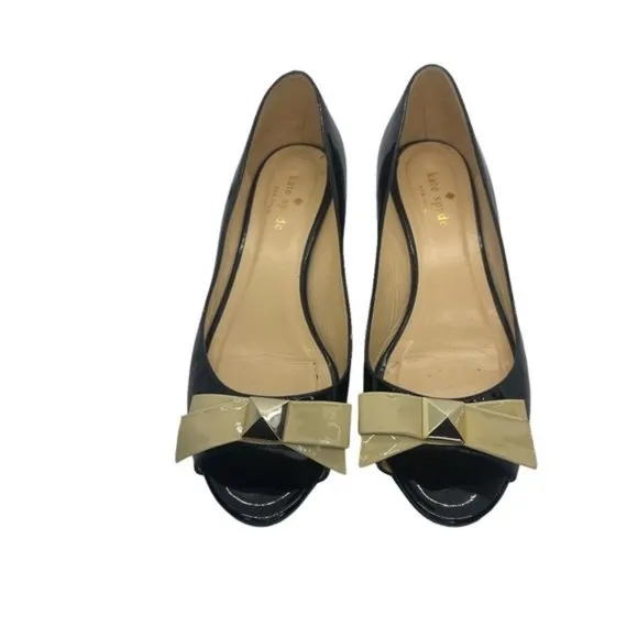 kate spade | Patent Leather Bow Accents D'Orsay Pumps | Peep Toe | Black | 7.5