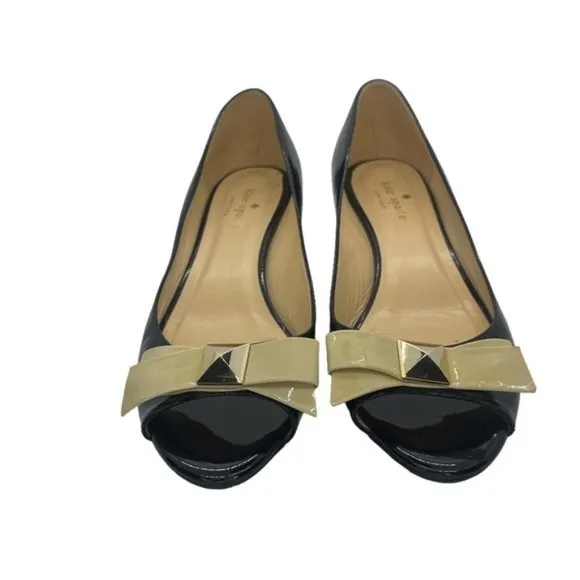kate spade | Patent Leather Bow Accents D'Orsay Pumps | Peep Toe | Black | 7.5