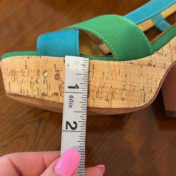 KATE SPADE Penny Cork wedges heeled sling back sandals colorblock green blue 7.5