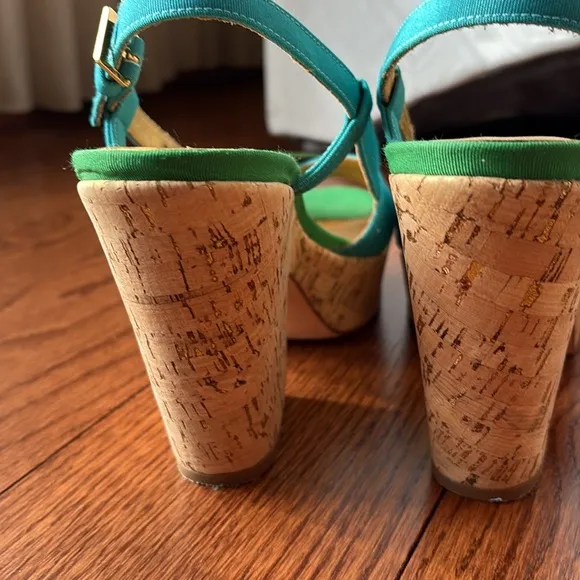 KATE SPADE Penny Cork wedges heeled sling back sandals colorblock green blue 7.5