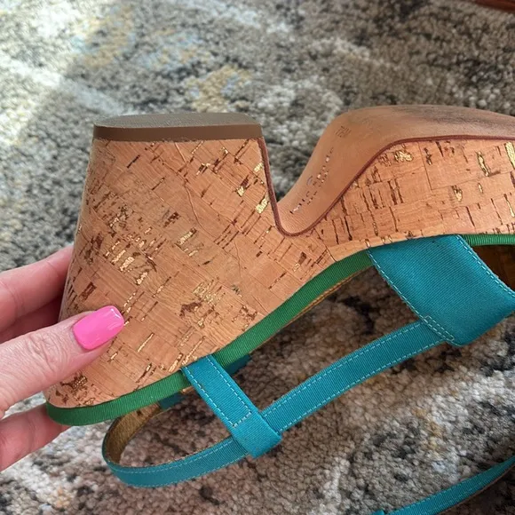 KATE SPADE Penny Cork wedges heeled sling back sandals colorblock green blue 7.5