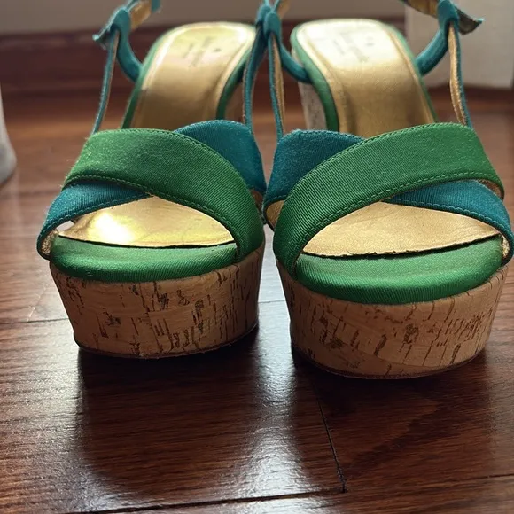 KATE SPADE Penny Cork wedges heeled sling back sandals colorblock green blue 7.5