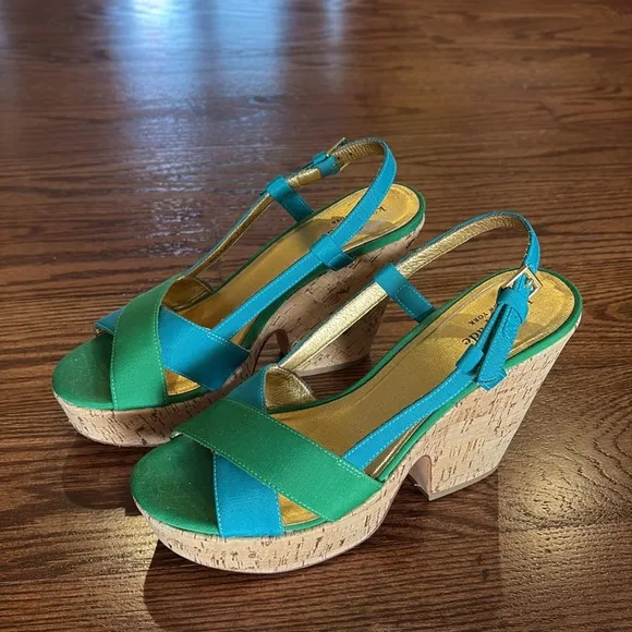 KATE SPADE Penny Cork wedges heeled sling back sandals colorblock green blue 7.5