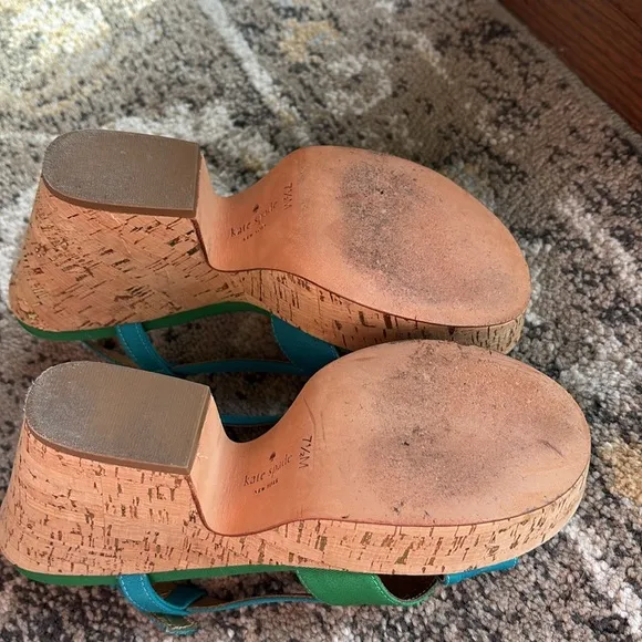 KATE SPADE Penny Cork wedges heeled sling back sandals colorblock green blue 7.5