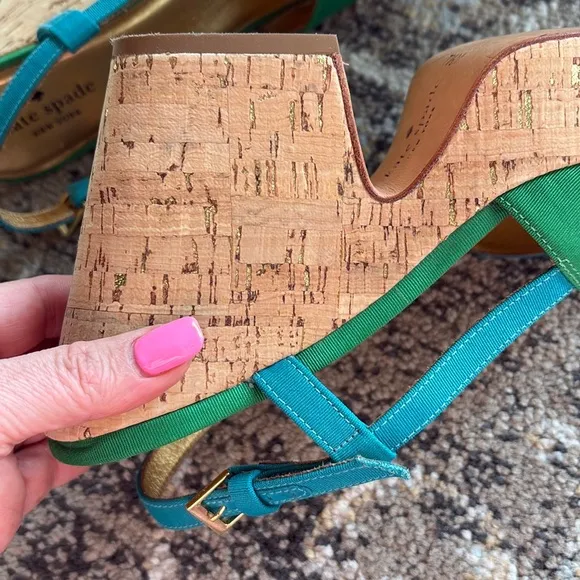 KATE SPADE Penny Cork wedges heeled sling back sandals colorblock green blue 7.5