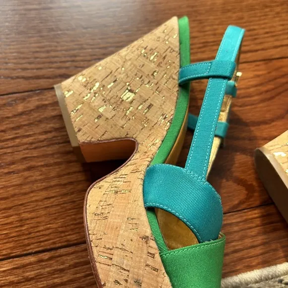 KATE SPADE Penny Cork wedges heeled sling back sandals colorblock green blue 7.5