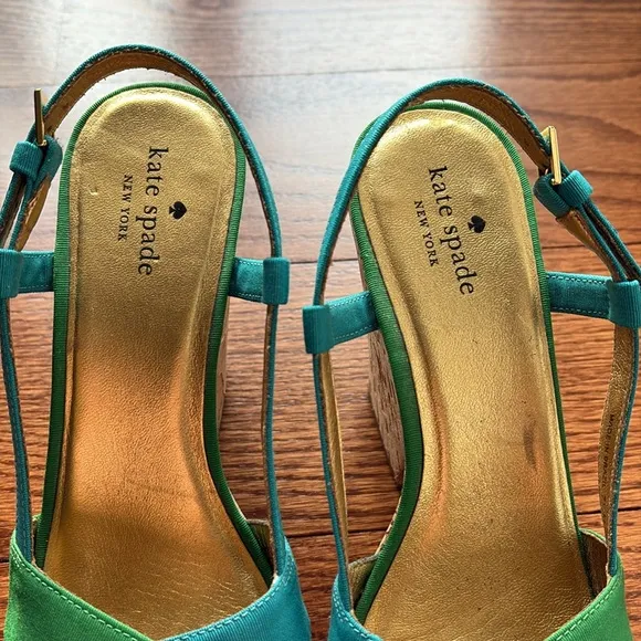 KATE SPADE Penny Cork wedges heeled sling back sandals colorblock green blue 7.5