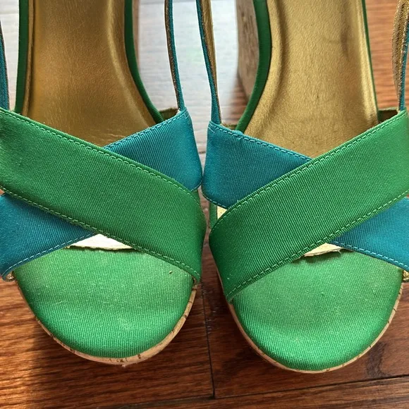 KATE SPADE Penny Cork wedges heeled sling back sandals colorblock green blue 7.5