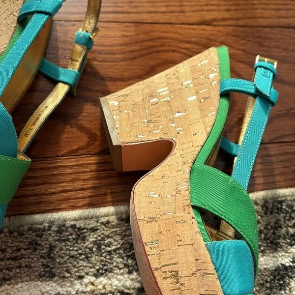 KATE SPADE Penny Cork wedges heeled sling back sandals colorblock green blue 7.5