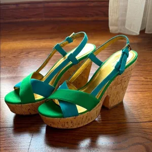 KATE SPADE Penny Cork wedges heeled sling back sandals colorblock green blue 7.5