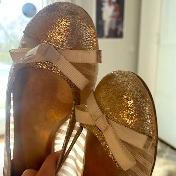 Kate Spade Womens Jump Ballet Flats Size 9 Cap Toe Bow Sheer Mesh Metallic Gold