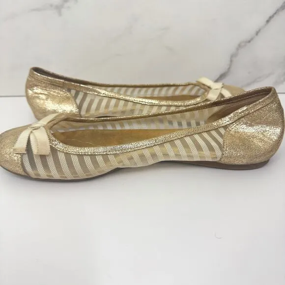 Kate Spade Womens Jump Ballet Flats Size 9 Cap Toe Bow Sheer Mesh Metallic Gold