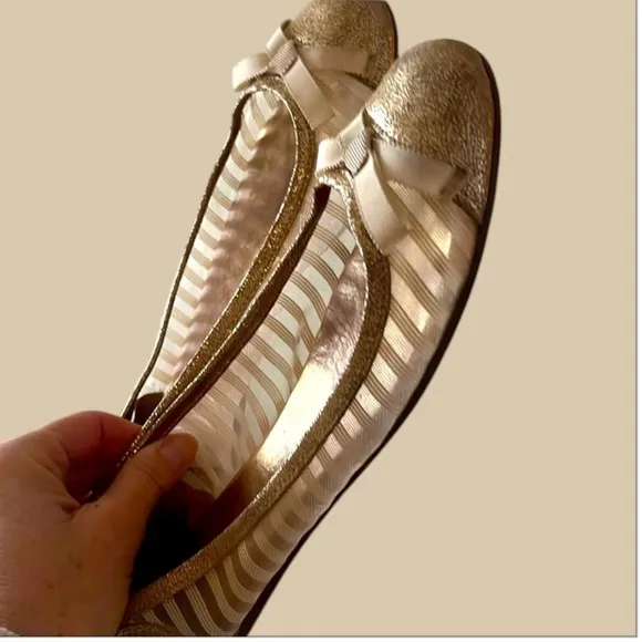 Kate Spade Womens Jump Ballet Flats Size 9 Cap Toe Bow Sheer Mesh Metallic Gold