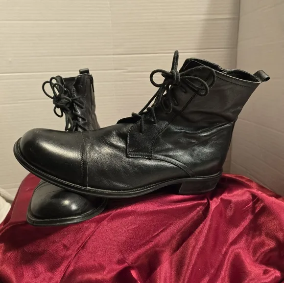 KENNETH COLE MEN'S COMBAT BLACK LEATHER BOOTS TIE-UP ZIP UP SIDES SIZE 8.5