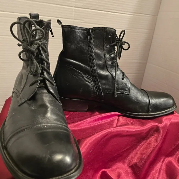KENNETH COLE MEN'S COMBAT BLACK LEATHER BOOTS TIE-UP ZIP UP SIDES SIZE 8.5