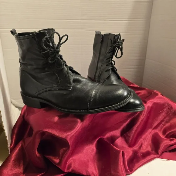 KENNETH COLE MEN'S COMBAT BLACK LEATHER BOOTS TIE-UP ZIP UP SIDES SIZE 8.5