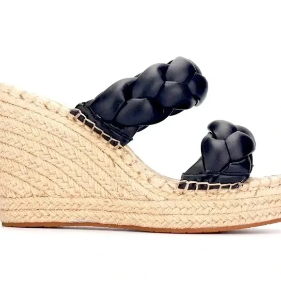 Kenneth Cole New York OLIVIA BRAIDED BLACK OPEN TOE WEDGE SANDALS