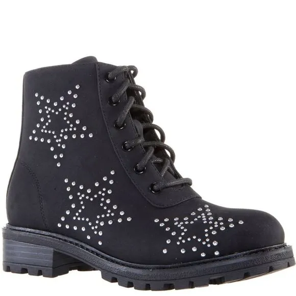 Kids Black Star Studded Combat Boots Size 11