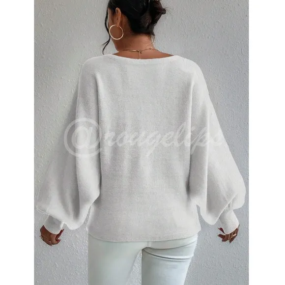 Knit Graphic Pullover Sweater Bishop Sleeve Stretchy Boat Neck