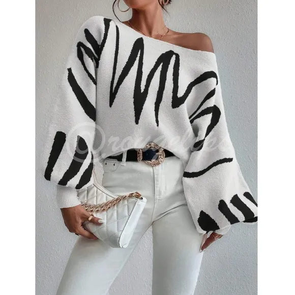Knit Graphic Pullover Sweater Bishop Sleeve Stretchy Boat Neck