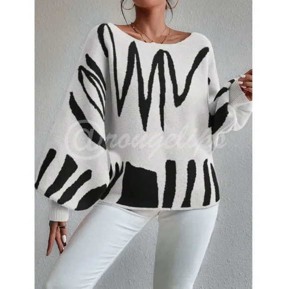 Knit Graphic Pullover Sweater Bishop Sleeve Stretchy Boat Neck