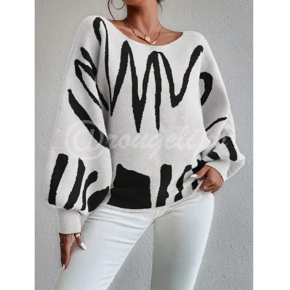 Knit Graphic Pullover Sweater Bishop Sleeve Stretchy Boat Neck