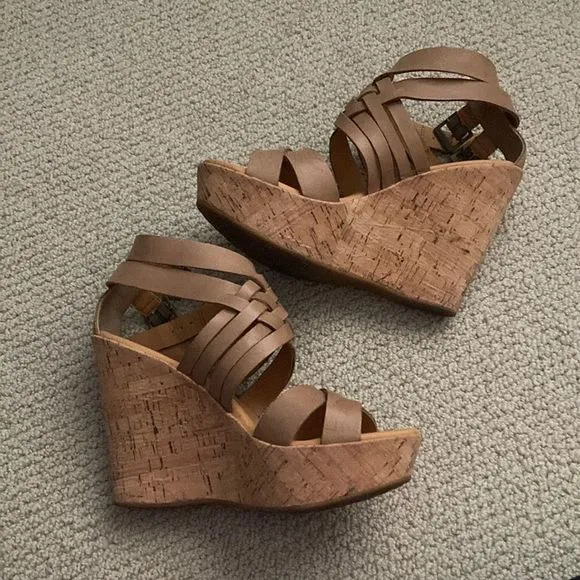 Korks by Kork-Ease Platform Wedges Size 8 Cork Leather Tan Strappy High Heels