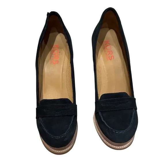 Kors Michael Kors Dazed Black Suede Penny Loafer Platform Wedges Shoes Pumps 9