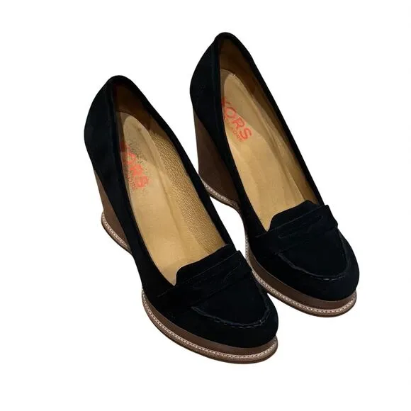 Kors Michael Kors Dazed Black Suede Penny Loafer Platform Wedges Shoes Pumps 9