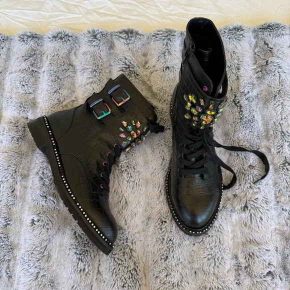 Kurt Geiger Rainbow Rhinestone Combat Boots